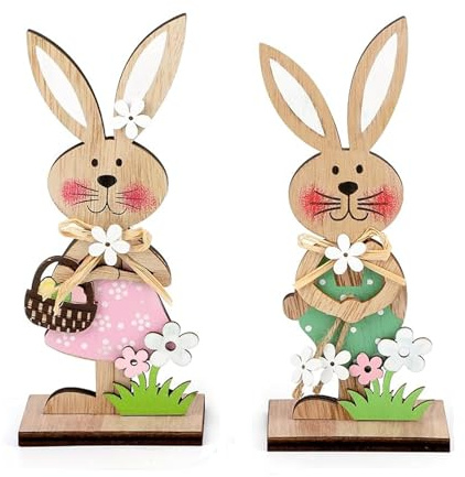 2 Pcs Easter Desktop Decorations, Easters Wooden Bunny, Stand up Rabbit Easter Table Decoration for Spring Home Table, Office