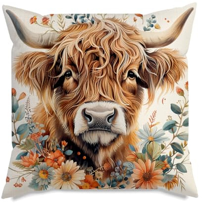 Kissenbezug mit schottischem Hochlandrind, 45,7 x 45,7 cm – Dekorativer Kissenbezug mit Blumenmotiv im Landhausstil, Weihnachts- und Geburtstagsgeschenk für Frauen und Mütter, Bauernhof-Dekoration