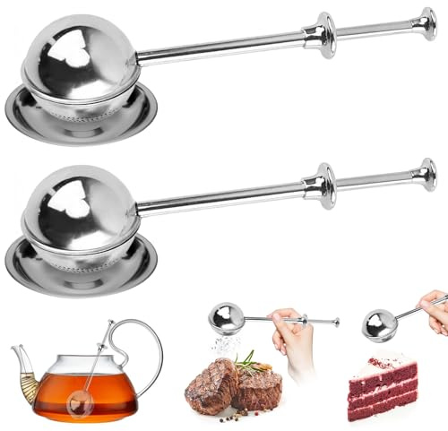 Geoyien Infuseur Thé, Boule à Thé Originale, Pince Cuillère à Thé, 2 Pièces Filtre à Thé + Deux Soucoupes Rondes, Poignée à Pression, Réutilisable, pour Thé, Sucre, Farine, Épices, Cacao en Poudre
