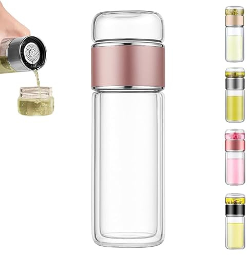 Glas-Teesieb, 3-in-1 Smart-Teesieb, auslaufsichere Teeflasche mit Doppelkammer und Filter, doppelwandiges Glas, tragbare Teekanne für losen Tee (Rosa,500ml)