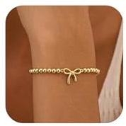 WATEFOER Gold Perlen Armbänder für Damen 14K Vergoldet Stretch Perlenarmbänder mit Anhänger Handgefertigtes Kugel Charm Armband Schmuck Geschenke für Muttertag