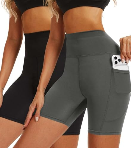 CheChury Cykelbyxor, dam, korta shorts, sportbyxor, leggings, ogenomskinliga, hög midja, elastiska kalsonger, fitness, cykelshorts, cykelbyxor med ventilerande cykelbyxor, dam med 2 fickor, Svartgrå