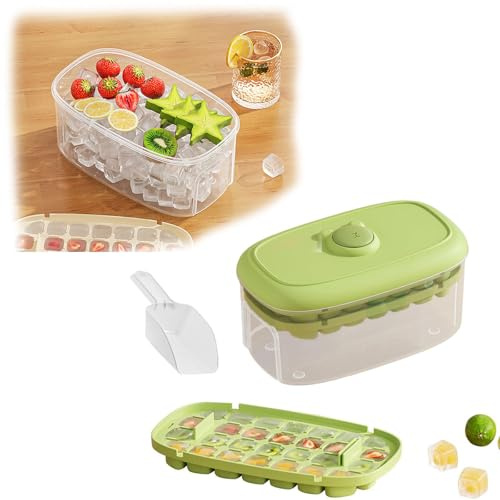 Furforstk ishållare för frys, isbehållare med lock och skopa, popsicles kubform, 56 stycken isbitar, tryck lätt för att släppa isen (grön)