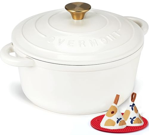 OVERMONT Cocotte in Ghisa Smaltata con Coperchio, 24 cm, Bianco Perla | Calore uniforme per stufare, arrostire e cuocere il pane; per tutti i piani cottura e forno fino a 260 °C, accessori inclusi