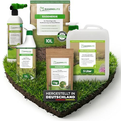 RASENBLITZ Frühjahrsdünger flüssig Set 5 L Rasendünger | flüssig, inkl. UNKRAUTSCHRECK, NACHSAAT und RASENERDE, die ideale Hilfe für deinen Garten im Frühjahr