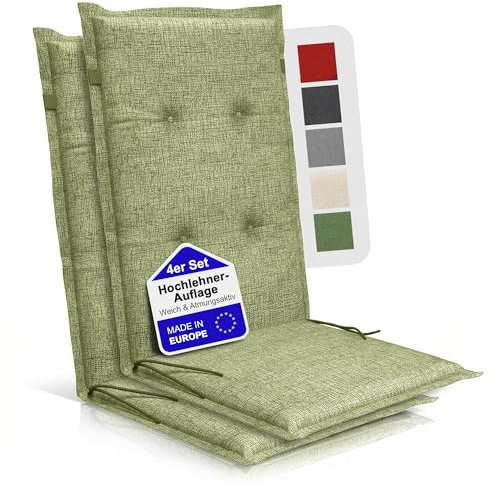 BI International Relexo Premium - Hochlehner Auflage Gartenstuhl Stuhlauflage mit Polster, Outdoor Sitzkissen & Stuhlkissen für Gartenmöbel Auflage wetterfest, Sitzkissen bequem (Grün, 2er Set)