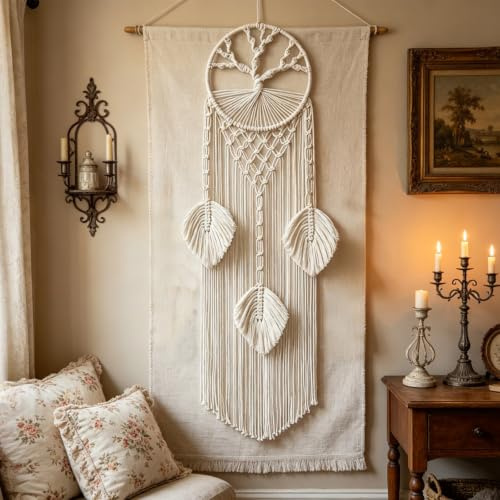 Baum des Lebens Traumfänger – Makramee Wandbehang aus Baumwolle | Boho Wanddeko für Schlafzimmer, Wohnzimmer, Flur | Handgefertigter Traumfänger Groß mit Lebensbaum-Motiv, inkl. Aufhängekordel – Traum