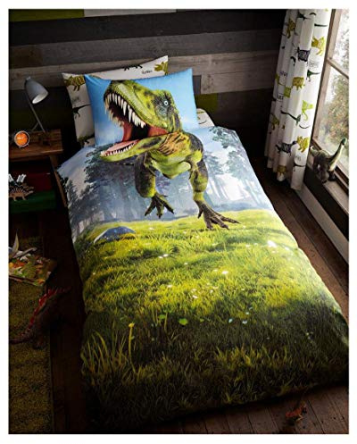 Lions Dinosaur Bedding Set - 100% Polyester 2 Piece Single Duvet Cover with Pillowcase, Reversible Soft Dino Printed Quilt Covers, Kids Boys 137x200cm