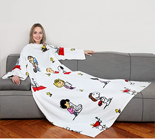 Kanguru Coperta con maniche Bianca Snoopy, soffice plaid in pile, Microfibra, con tasca centrale, 180x140cm, regalo donna, Hoodie per divano, letto, relax, Natale