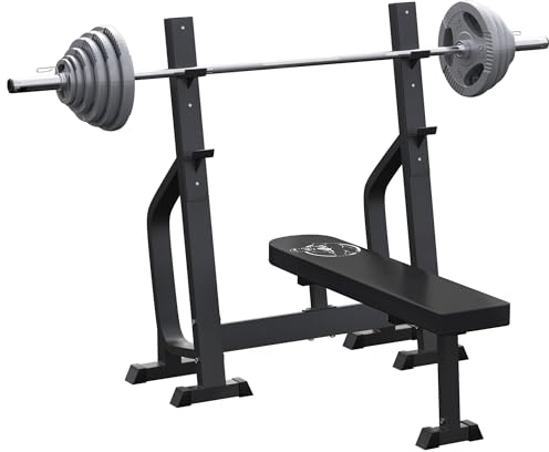 GORILLA SPORTS® Hantelbänk med hylla och Olympia skivstångsset, 130 kg, gjutjärn, tryckbänk, skivstångsstång, hantelskivor och fjäderlås, 50/51 mm