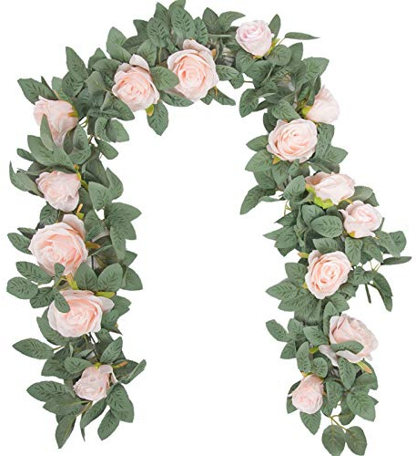Der Rose 2 Stück 33 m künstliche Eukalyptus-Blumengirlande mit künstlichen Seidenrosen, Rosenblättern, grüne Girlande für Hochzeit, Bogen, Tisch, Wand, Hintergrund, Party, Raumdekoration (rosa)