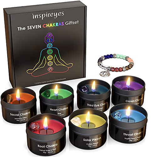 Inspireyes Chakra Candles with Premium Crystal and Healing Stones Luxury Meditation Scented Candles Gift Set for Women Stress Relief Spiritual Decor Healing Candles for Yoga, Aromatherapy