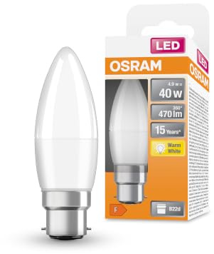 OSRAM LED Star Classic B40, lámpara LED esmerilada en forma de vela, casquillo B22d, blanco cálido (2700K), 470 lúmenes, sustituye a las bombillas convencionales de 40W, paquete de 1