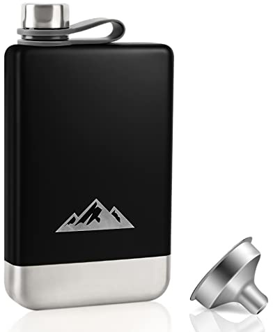 KWANITHINK Flask for Liquor for Men, 8oz Stainless Steel Hip Flask with Funnel, Whiskey Flask with Integrated Steel Cap for Outdoor Camping Hiking Climbing, Father's Day Gift for Men (Black)