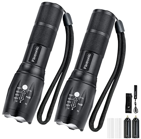 flintronic Lampe Torche LED Ultra Puissante, 2PCS Lampe de Poche 3500Lumens avec Chargeur USB et Holster, IPX6 Étanche 5 Modes, Étanche, Anti-Choc Zoom Longue Portée pour Bricolage,Camping,et Urgences
