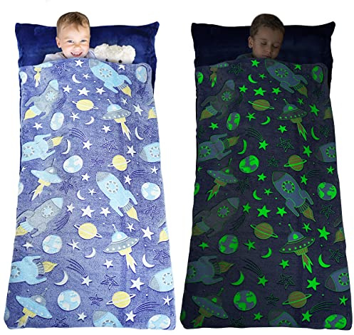 Kids Sleeping Bags, Glow in The Dark Slumber Bag for Kids, Toddler Nap Mat with Pillow and Blanket for Sleepover, Daycare, Preschool (62 x 28) (Space Explore)