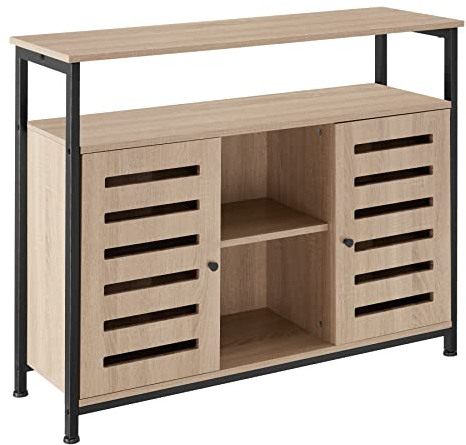 tectake® Industrial Sideboard Wohnzimmer, Kommode mit 2 Türen und offenen Regalfächern, 100 x 37 x 82 cm, Küchenschrank, TV Schrank, Beistellschrank, Buffetschrank (Industrial Holz hell, Eiche Sonoma)