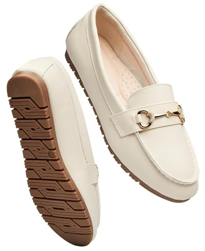 COOL COSER C Women's Wide Casual Comfort Loafers Slip on Flat Shoes Women's Penny Loafers with Arch Support Women Dressy Moccasins (Beige PU Wide,7.5)