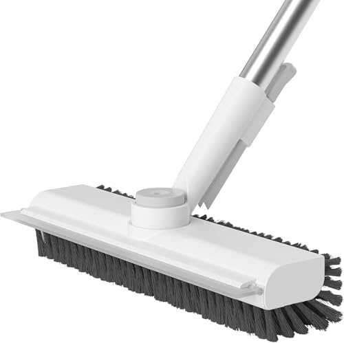 Floor Scrub Brush with Long Handle, 3 in 1 Scrape and Heavy-Duty Stiff Bristle Scrubber Brush for Cleaning Shower Bathroom, Patio, Pool, Garage, Kitchen, Wall and Deck (White, 1 Pack)