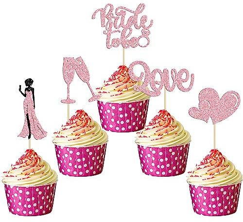 30Pcs Bride to Be Cupcake Toppers with Glitter Love Heart Ring Champagne Bridal Shower Cupcake Picks Decoration for Wedding Engagement Bachelorette Party Supplies Pink