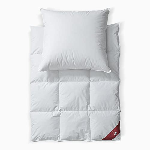 RIBECO GERMANY Daunenbettdecke Johanna 135x200 cm & Kopfkissen 80x80 cm im 2er Set –Daunendecke & Kopfkissen aus Federn & Daunen, allergikerfreundlich, Made in Germany, Wärmeklasse: leicht