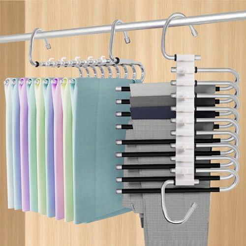MQVXT Lot de 2 cintres à 9 Niveaux - Antidérapants Cintre Pantalon-cintres,cintres Pantalons Peu encombrant,pour Tous Types de Pantalons,Jeans,Vêtements, écharpes,Serviettes,Jupes
