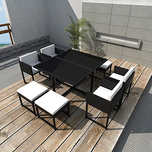 ShCuShan 9-TLG. Garten-Essgruppe Gartentisch Mit StüHlen Set Loungegruppe LoungemöBel GartenmöBel Esstisch mit Auflagen Poly Rattan Schwarz
