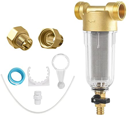 Filtro de agua reutilizable 1 pulgada filtro fino enjuague para agua potable, combinación de filtro de manguera de agua de pozo con filtro de grifo G 1/2 filtro de repuesto (G 1/2 F)