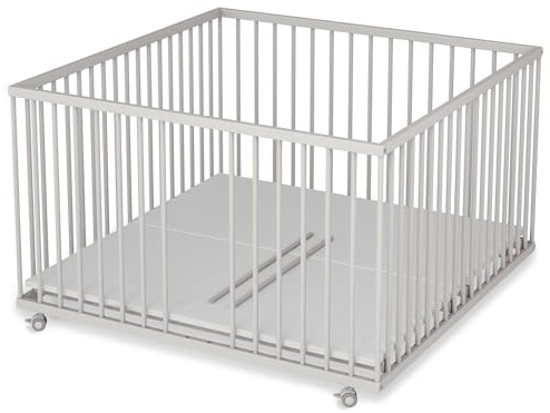 Sämann Laufstall Baby mit 3 Schlupfsprossen | TÜV geprüft | stufenlos höhenverstellbar | Laufgitter Premium | Babybett aus Holz | Krabbelgitter (weiß, 120x120 cm)