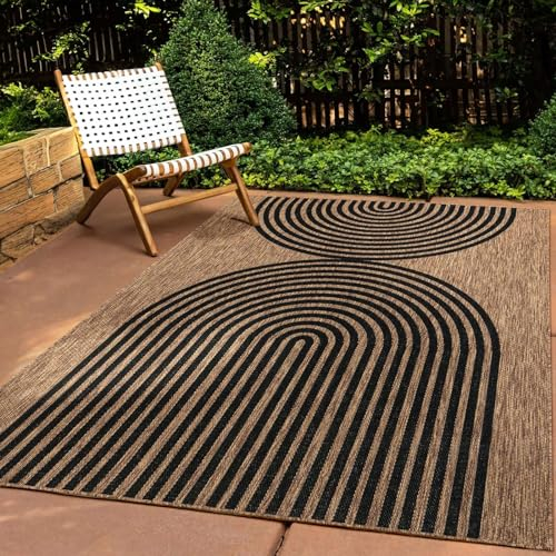 Taracarpet In & Outdoor Teppich Wetterfest Wohnzimmer Balkon Küchenteppich Terrassenteppich Flachgewebe Sisaloptik mit Muster Boho Kreise schwarz 140x200 cm