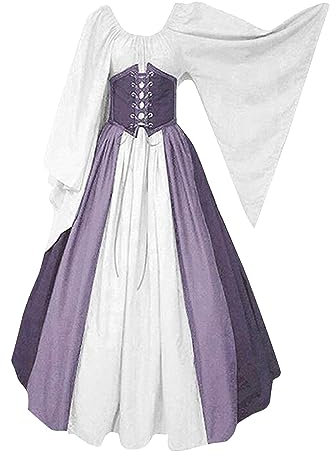 Robe longue médiévale pour femme, rétro, traditionnelle, irlandaise, bloc de couleurs, col rond, corset, manches trompette, taille haute, robe de bal de fin d'année, ligne A, palais, princesse, lilas,