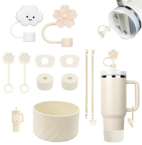 Stanley Drinking Bottle, Pack of 11, Includes 6 Stanley Leakage Protection, 2 Silicone Drinking Straw Lids, 2 x Accessories for Hangers, 1 Silicone Cuff for (Cream)