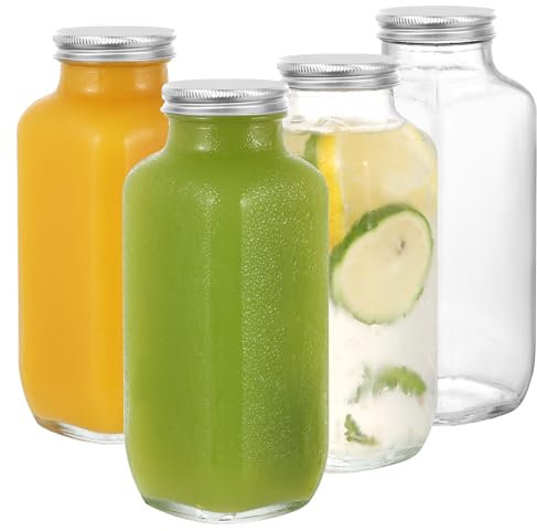 LIMILI Glass Bottles with Lids, 4pcs 500ml Reusable Wide Mouth Clear Glass Juice Bottles, for Milk, Hot Cold Drinks, Homemade Beverages
