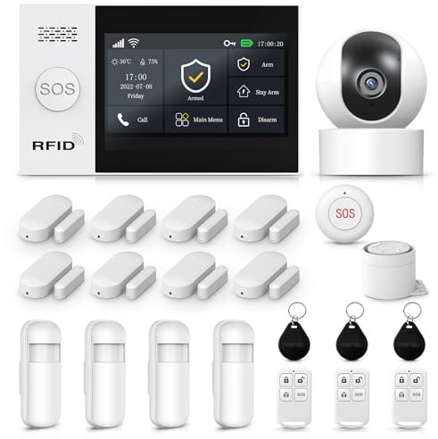 Sistema di allarme per la sicurezza domestica con telecamera, sistema di sicurezza wireless con schermo fulltouch wireless da 4,3' compatibile con Alexa e Google per la casa, piatto