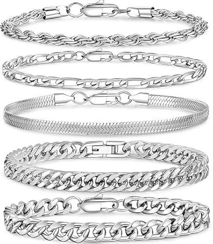 PABBEU 5 Stück Armband Herren Silber, Classique Edelstahl Armband Herren, Hop Rapper Silberarmband Ensemble für Weihnachten, Valentinstag, Geburtstag, Vatertag