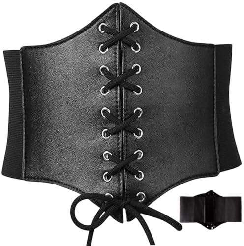 DILUSILK Cinturón de corsé negro para mujer, cinturón de avispa, cinturón elástico con cordones, cinturón de corsé ancho negro, cinturón de corsé para Halloween, Negro, 20*25*2.5
