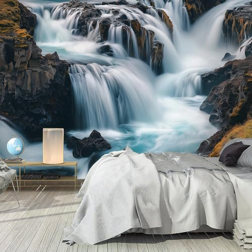 Papel tapiz fotográfico Mural Autoadhesivo 250x180cm | Decoración De Pared Sala Cuarto | Paisaje Natural - Islandia Cascada