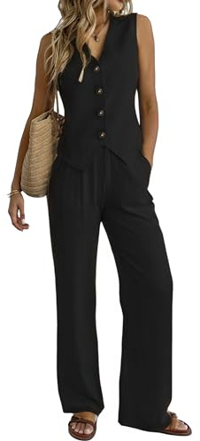 Fakanhui Conjunto de ropa de verano de 2 piezas para mujer, de lino, pantalones de pierna ancha, ropa de negocios, ocio, vacaciones, conjuntos de trabajo, Negro , XL