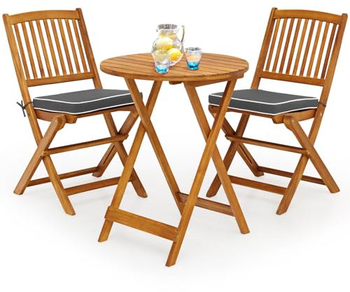 GIANTEX Balkonmöbel Kleiner Balkon, Runder Bistrotisch mit 2 Stühlen klappbar, Gartenmöbel Set Holz 3 teilig, Balkonset Bistroset Outdoor, Terrassenmöbel 2 Personen, Garten Sitzgruppe mit Kissen