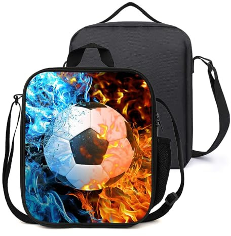 KBIBCK Lonchera de fútbol, bolsa de almuerzo aislada de fútbol 3D para niños, lonchera portátil con soporte para botella de agua, bolsa de almuerzo aislada para niños y niñas, para escuela, picnic