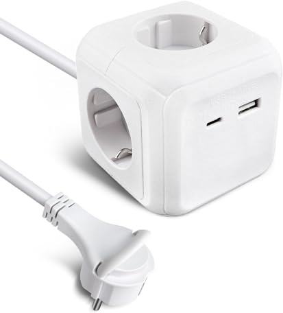 EXTRASTAR Steckdosenwürfel Flachstecker mit USB C + USB A & 4-Fach | Mehrfachsteckdose Würfel mit 1.5M Kabel & Kindersicherung, 3G1.5mm², Steckdosenleiste für Büro, Reise & Heim, Weiß