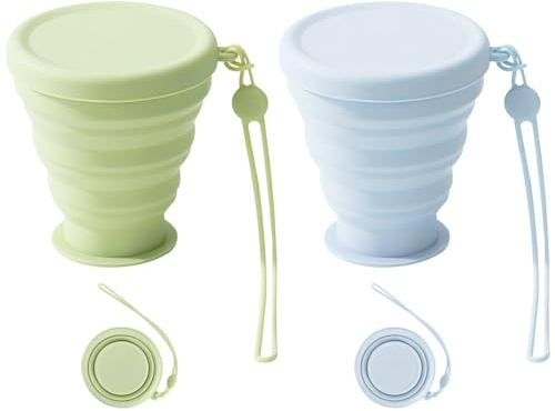 2 Stück Silikon Faltbare Becher mit Silikon Deckel, 250ml BPA-Frei Faltbecher, Verdickte Tragbare Faltbecher, Wiederverwendbar Faltbarer Becher FüR Outdoor Camping Picknick Wandern Reisen (Grün+Blau)