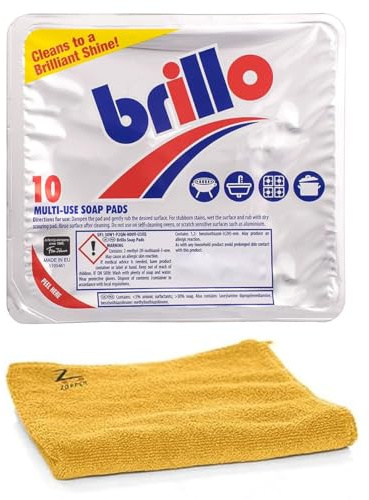ZOPPER Brillo Soap Pads, 10 Pack, Multi-Use | Heavy Duty Kitchen Scouring Pads, Pots Pans Grills, Ultra Absorbent Microfibre Cleaning Cloth, Steel Wool Cleaner