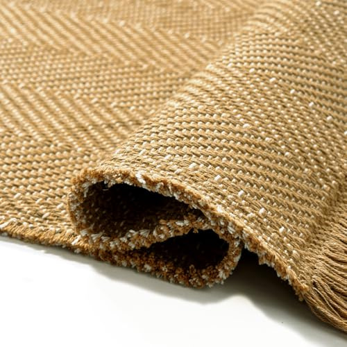 BESTSWEETIE 2x3 Washable Rug Hand-Woven Low Pile Soft Modern Farmhouse Bohemian Decor Reversible Braided Rugs with Tassels Throw Carpet for Living Room Bedroom Entryway Bathroom, Natural Jute