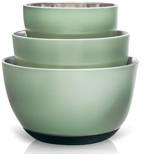 WHYSKO Stainless Steel Mixing Bowls Set of 3 with Non-Slip Silicone Base, Nesting Metal Bowls for Meal Prep, Baking, Cooking & Food Storage, Dishwasher Safe Kitchen Mixing Bowls, Green