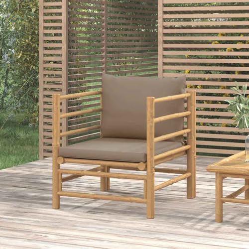 Hoopleep Gartensessel mit Taupe Kissen, Bambus Natur, 63x69x65 cm, Bequeme Outdoor Lounge Möbel für Terrasse, Balkon und Außenbereich