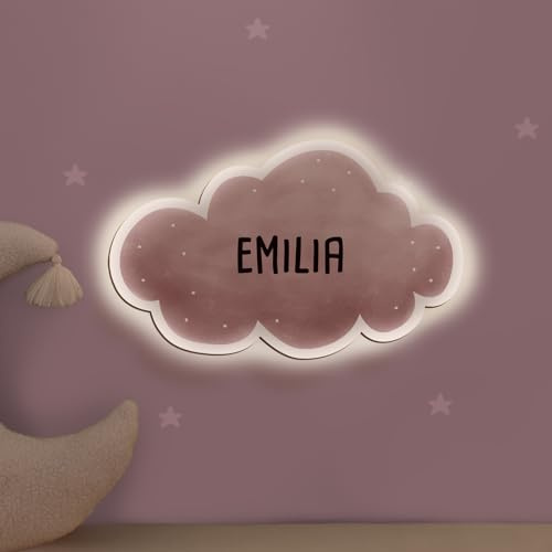 hellomini Personalisierbares LED-Nachtlicht mit Name für Kinder & Babys | Holz-Wandlampe | Schlummerlicht mit Motivwahl – Geschenk zur Geburt & Taufe (Wolke rosa Aquarell)