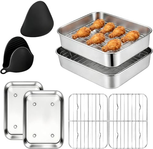6-Piece Accessory Set for Hot Air Fryer, Casserole Dish Airfryer Made of 304 Stainless Steel, Airfryer Accessories with 2 Bowls + 2 Cooking Racks + 2 Gloves, Stainless Steel Grill Tray for Beef