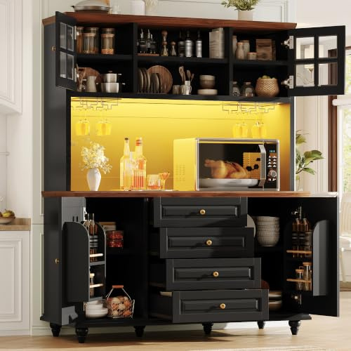 Easexcy 179,5 cm di altezza, armadietto da cucina alto (nero) | Illuminazione LED RGB, ripiani regolabili, portabicchieri in metallo, corpo in MDF, piedini in legno di gomma