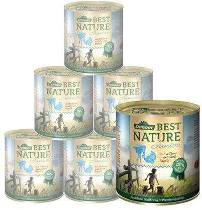Dehner Best Nature hundmat, våt mat spannmålsfritt, för valpar och unga hundar, kalv/kalv/fullkornnudlar, 6 x 800 g burk (4,8 kg)